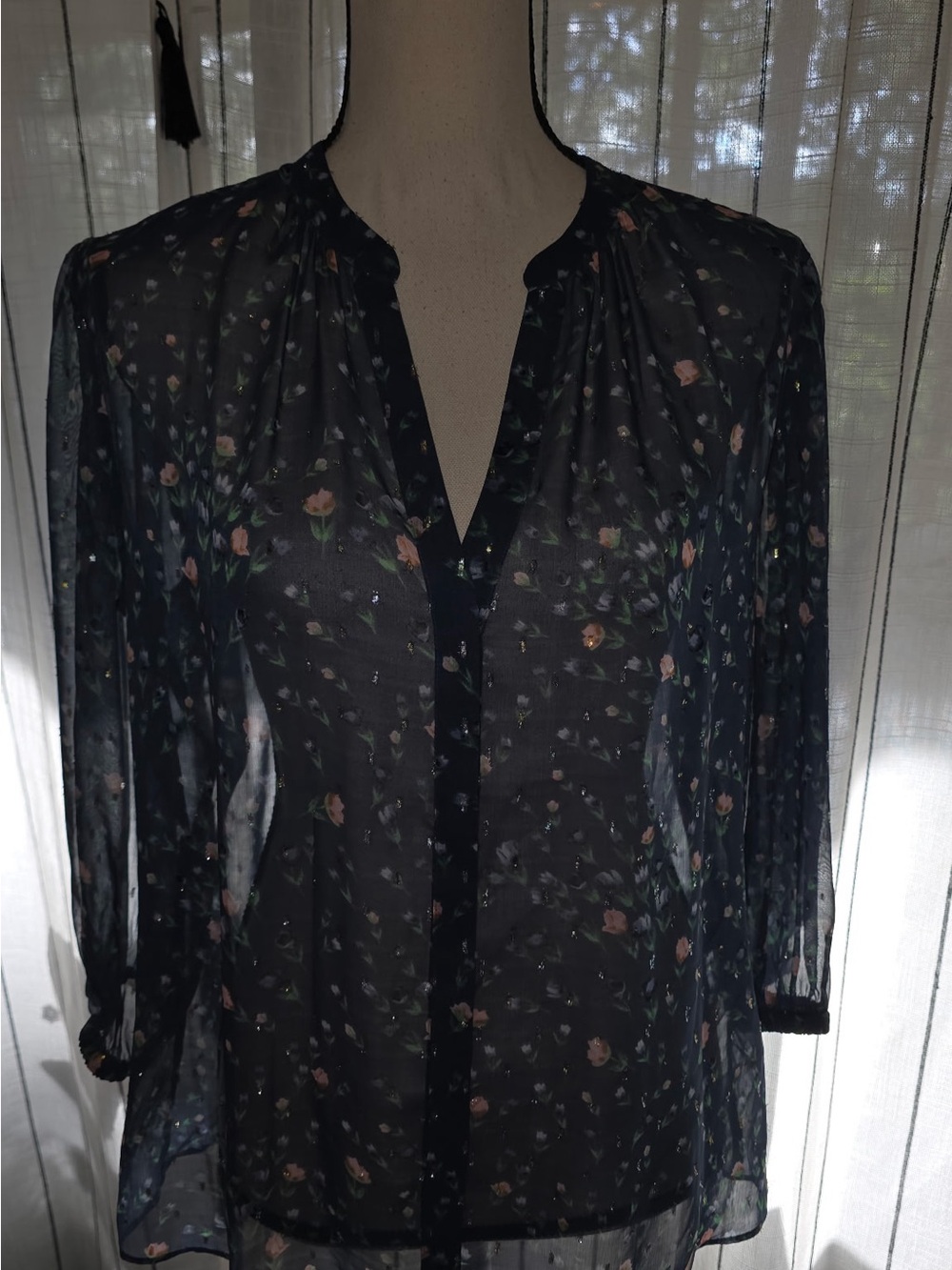 White House Black Market Navy Floral Sheer Button-Front Blouse